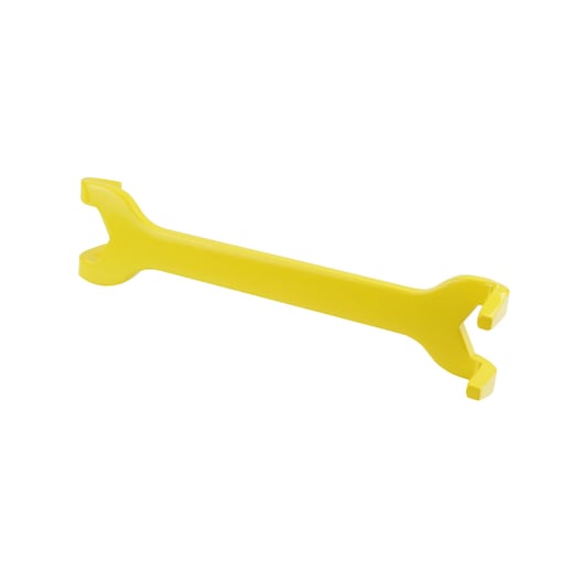 STANLEY 0-70-454 yellow plastic open-end wrench, flat lay on white background, photography product.