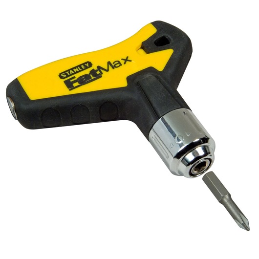 STANLEY 0-79-153 ratcheting T-handle screwdriver with yellow and black grip, shown at an angled view.