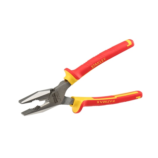 Stanley insulated combination pliers with red and yellow handles, suitable for electrical work, shown on white background.