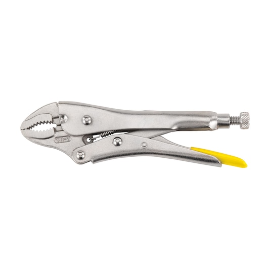 STANLEY 0-84-808 locking pliers, silver metal with yellow handle tip, side view on white background.
