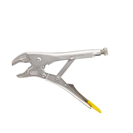 STANLEY 0-84-809 adjustable locking pliers with curved jaws and yellow grip, side view on white background.