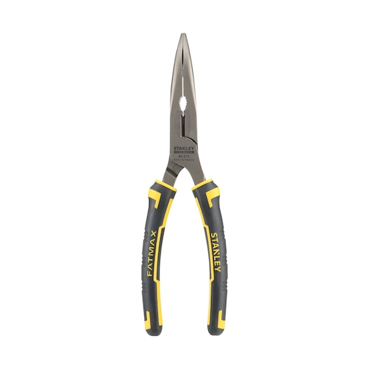 STANLEY 0-89-872 long nose pliers with black and yellow grip handles, front product photo on white background.