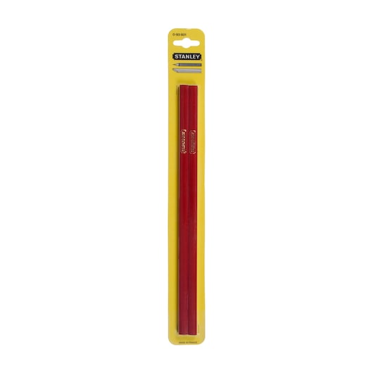 Photo of STANLEY 0-93-931 red carpenter pencils set, product on yellow packaging, front angle.