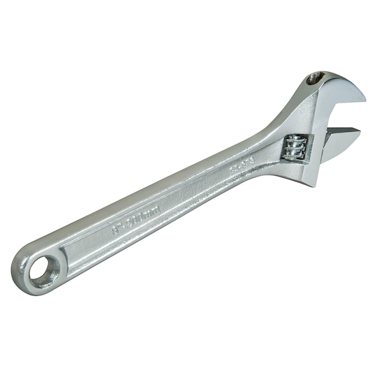 STANLEY 0-95-873 adjustable wrench, silver color, side angle on white background.