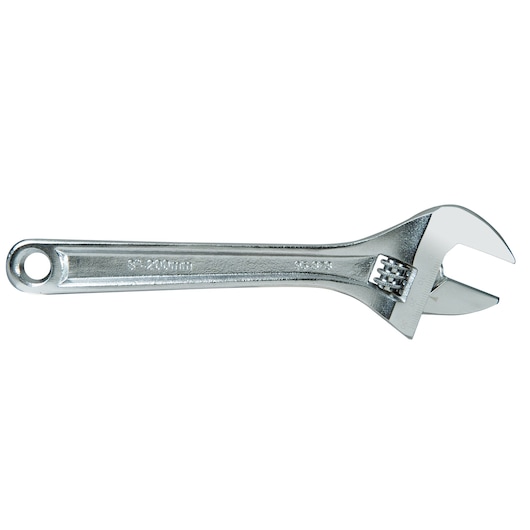 STANLEY 0-95-873 adjustable wrench, chrome finish, hand tool, side view on white background.