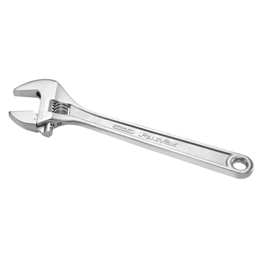 Photo of STANLEY SKU 0-95-876 adjustable wrench, silver finish, side angle on white background.