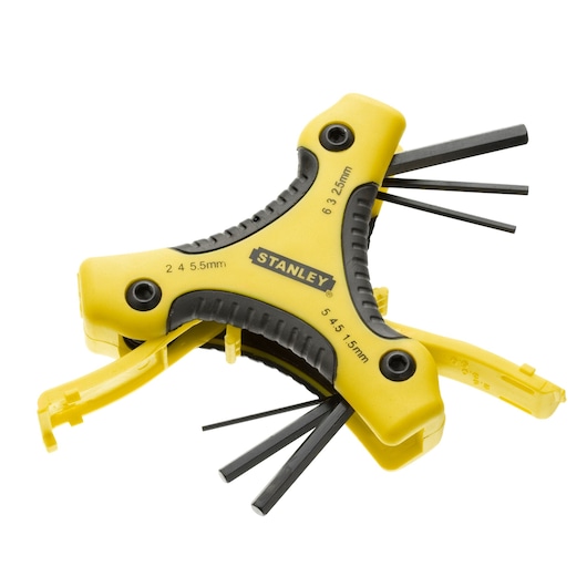 STANLEY 0-95-935 yellow and black folding hex key set with multiple sizes, top angle on white background.
