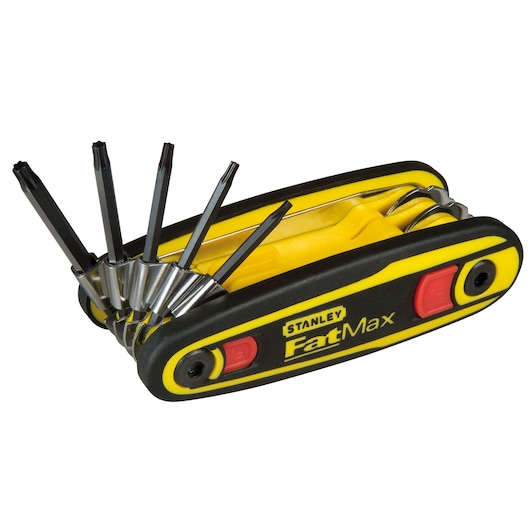STANLEY 0-97-553 multi-bit folding screwdriver with black and yellow handle, several bits extended, side view.