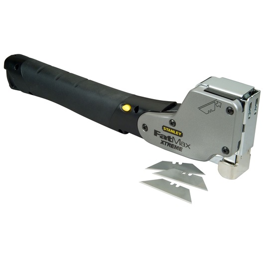 Photo of STANLEY FatMax XTREME 0-PHT350 utility knife with three spare blades, angled on white background.