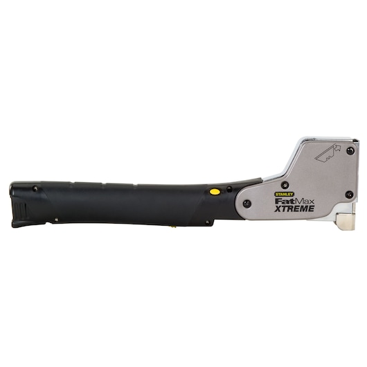 STANLEY 0-PHT350 stapler side view with black and silver body, FatMax Xtreme branding, photography on white background.
