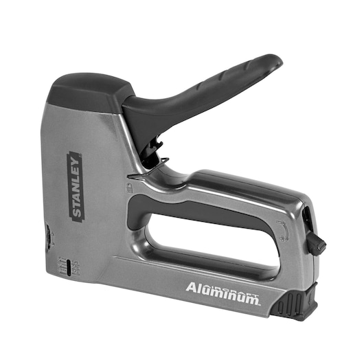 STANLEY TR250 staple gun side view, silver aluminum body with black handle, white background.