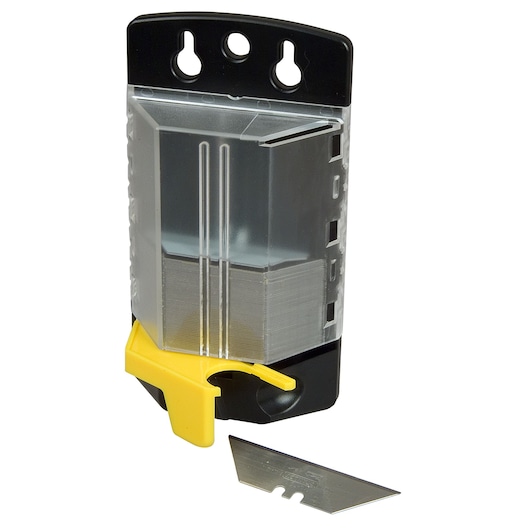 STANLEY 1-11-700 utility blade dispenser with transparent case, yellow slider, and single blade on white background.