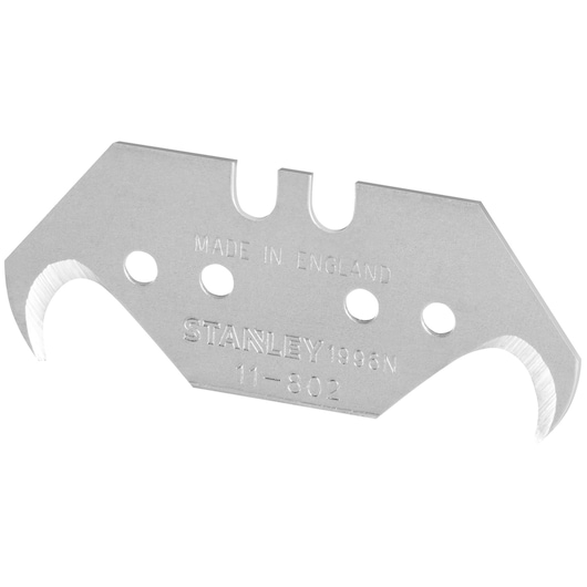 STANLEY 1-11-802 hook utility blade, silver steel, flat view, showing three holes and sharp hooked edges.