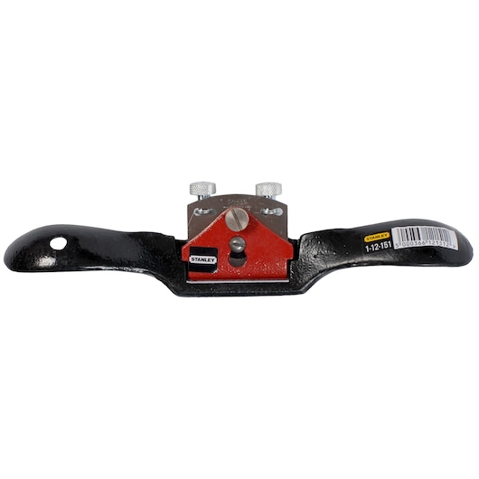 Stanley hand spokeshave tool with black handles and red body, model 1-12-151, used for shaping wood.