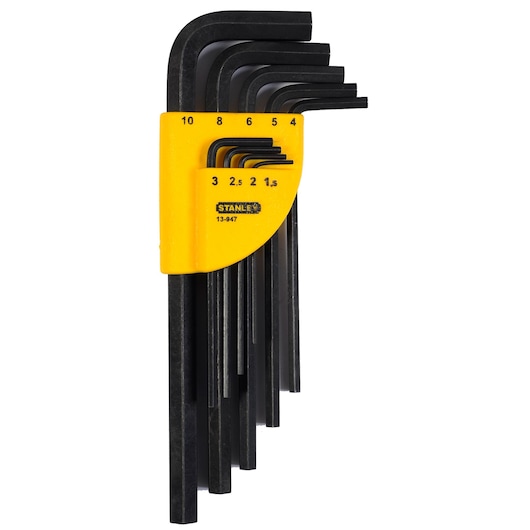 Stanley hex key set in yellow holder with sizes from 1.5mm to 10mm, black metal tools.