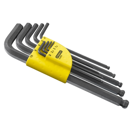 Stanley hex key set with yellow holder, multiple sizes, used for tightening or loosening hex screws.