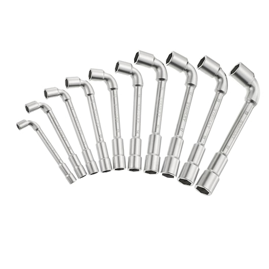 Set of nine STANLEY chrome double-ended box wrenches, arranged by size on a white background.