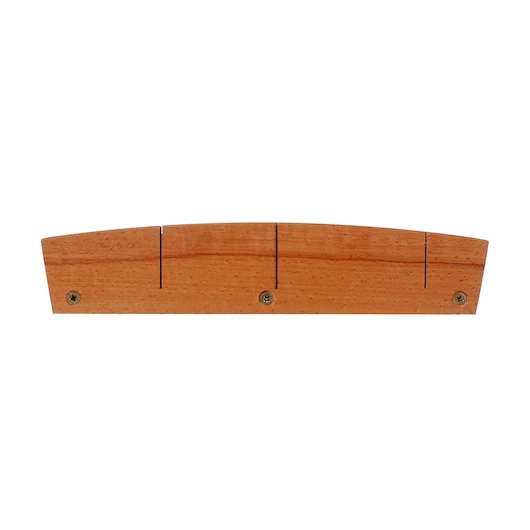 STANLEY 1-19-192 wooden mitre box, top view showing three saw guide slots and three screws.