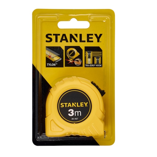 STANLEY 1-30-487 yellow 3m tape measure in packaging, front angle, with black accents, photography.