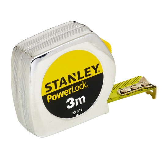 Stanley PowerLock 3m tape measure with a silver casing and yellow tape partially extended.