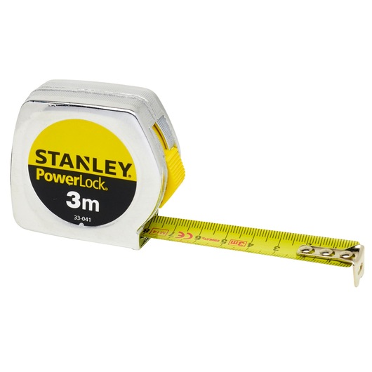 Stanley PowerLock 3m tape measure with yellow retractable blade and silver casing.