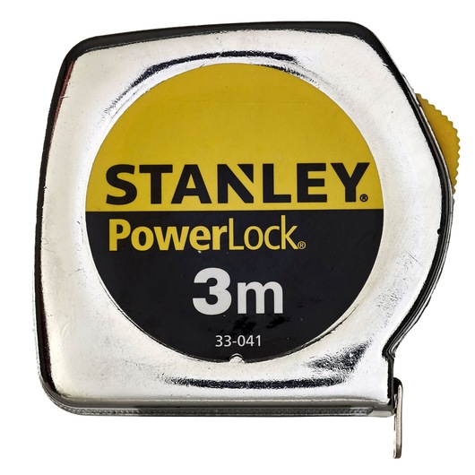 STANLEY 1-33-041 tape measure, chrome body with yellow and black label, front angle, 3m length.
