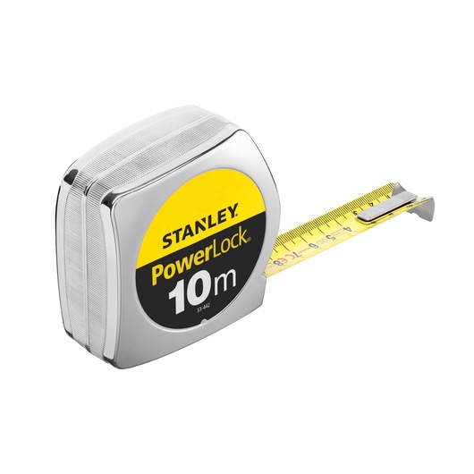 STANLEY 1-33-442 PowerLock tape measure, 10m, silver body, yellow tape, side angle photo.
