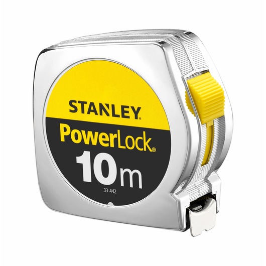 STANLEY 1-33-442 PowerLock tape measure, 10m, silver body with yellow button, front angle photo.