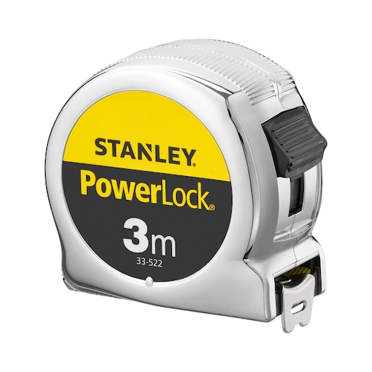 STANLEY 1-33-522 PowerLock 3m tape measure, side angle, yellow and chrome casing.