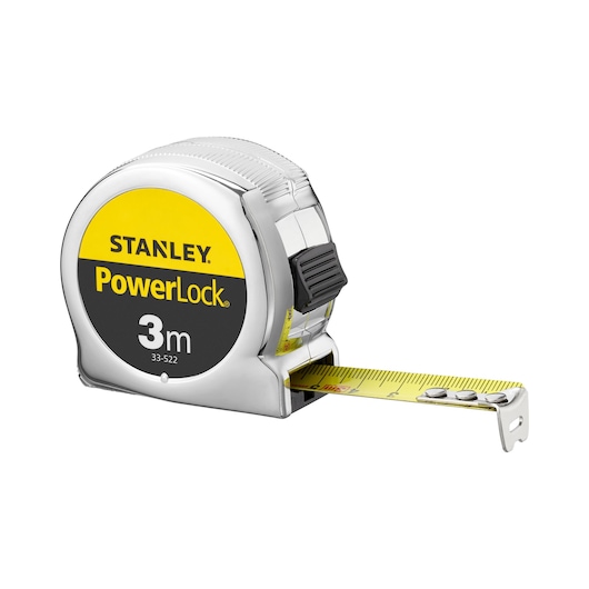 Photo of STANLEY PowerLock tape measure, SKU 1-33-522, 3m length, chrome case, front angle on white background.