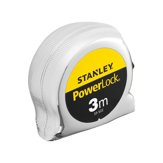 STANLEY 1-33-522 tape measure, PowerLock, 3m, silver and yellow, front angled view on white background.