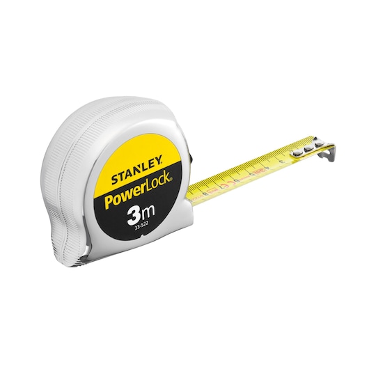 STANLEY 1-33-522 PowerLock tape measure, 3m, yellow blade, angled view, photography on white background.