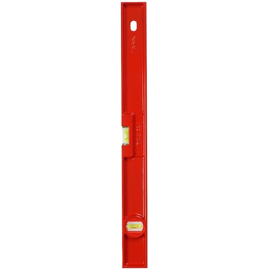 Photo of STANLEY 1-42-252 red spirit level with two bubble vials, front view, for precise leveling.