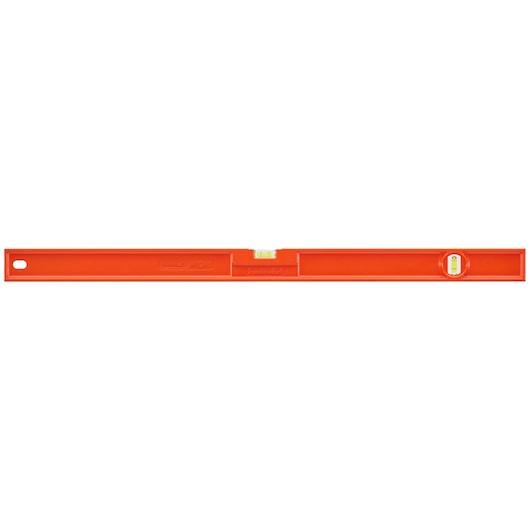 Photo of STANLEY 1-42-254 orange spirit level, front view, with two bubble vials, rectangular design.