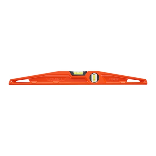 STANLEY 1-42-313 orange spirit level with two vials, front angle on white background.