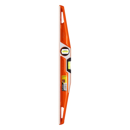 STANLEY 1-42-313 spirit level, orange and silver, side angle, sturdy body with two bubble vials.