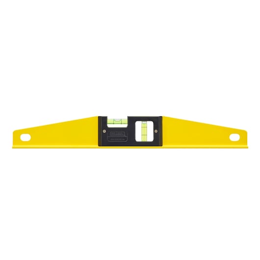 STANLEY 1-42-802 yellow spirit level with center vial, front view, photography product.