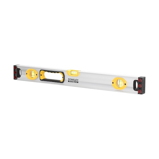 Stanley FatMax spirit level with yellow ends, handle, and three bubble vials for precise measurements.