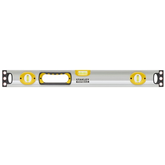 Stanley FatMax spirit level with three bubble vials and a handle on a silver body for precise measurements.