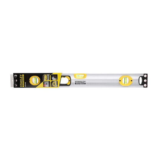 STANLEY 1-43-525 spirit level, silver and yellow, photography, front angle on white background.