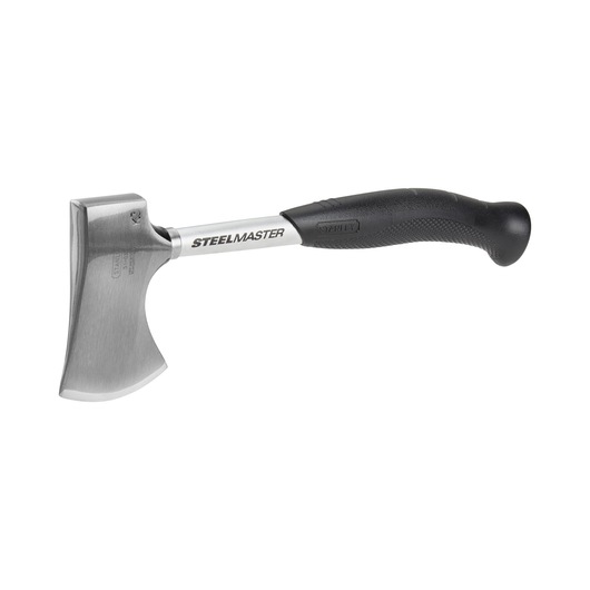 Stanley Steelmaster axe with a metal blade and a black ergonomic handle, shown on a white background.