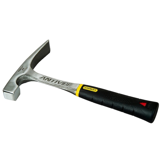 STANLEY 1-54-022 brick hammer with antivibe steel head and black grip handle, angled side view.