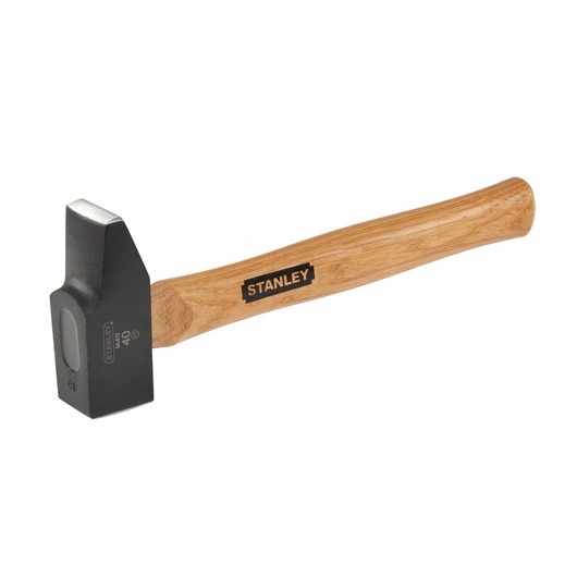 STANLEY hammer with wooden handle and rectangular steel head, tool for construction or carpentry.