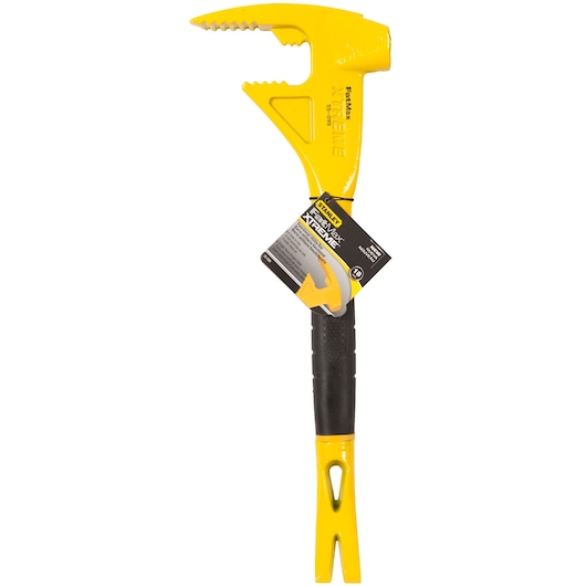 STANLEY 1-55-099 multifunction wrecking tool with yellow head, black grip, side view on white background.