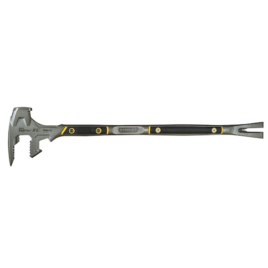 Stanley multi-function demolition tool with a hammer and pry bar, black and yellow handle, model 1-55-120.