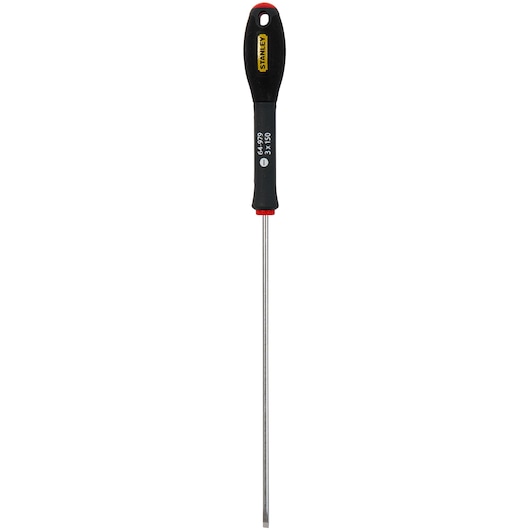 Stanley flathead screwdriver with black handle and metal shaft.
