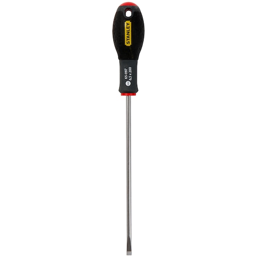 Stanley flat-head screwdriver with black handle and metal shaft, shown upright against a white background.