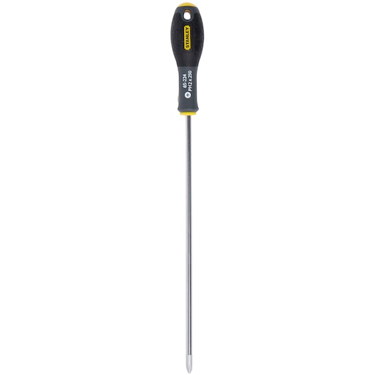 STANLEY 1-65-224 Phillips screwdriver with long chrome shaft and black-yellow ergonomic handle, front view on white.