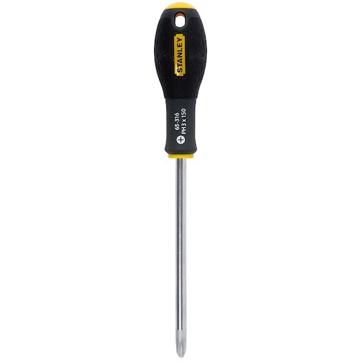 Stanley Phillips screwdriver with black and yellow handle and metal shaft, shown upright on white background.