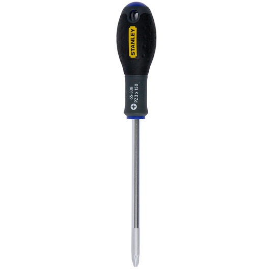STANLEY 1-65-338 Pozidriv screwdriver with black and yellow handle, photographed from above on white background.